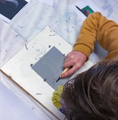 Teens Art Club Student Cutting Lino