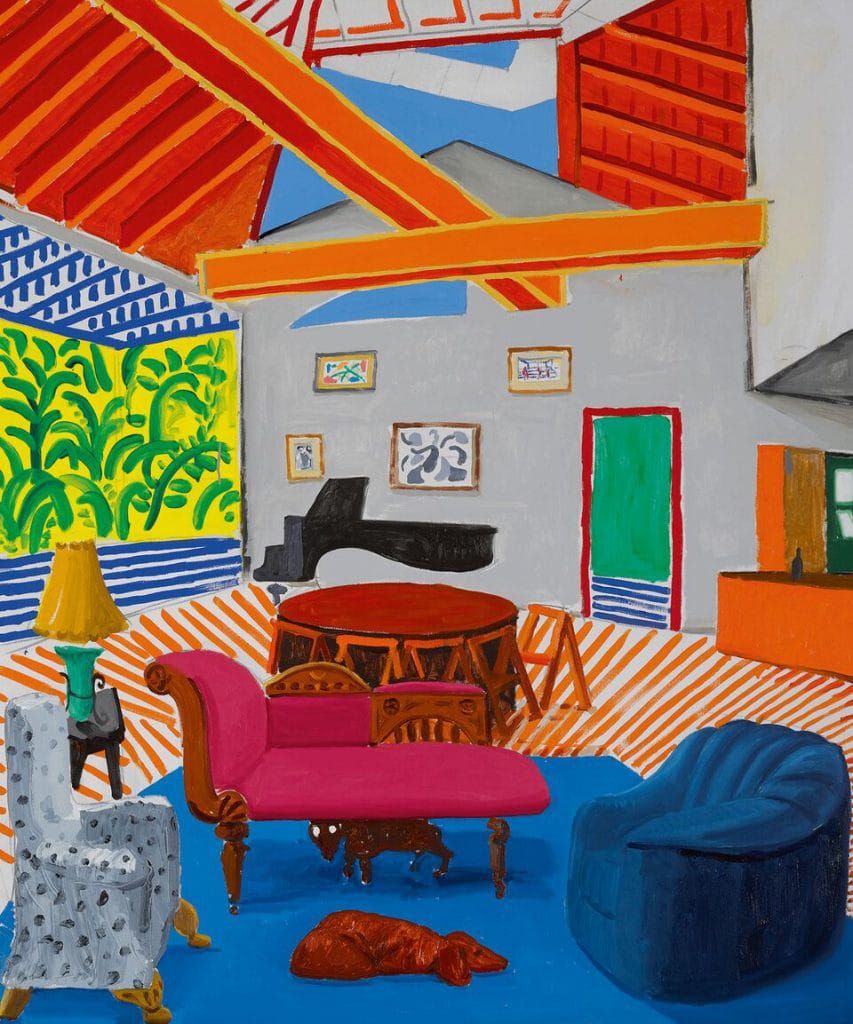 David Hockney, Montcalm Interior With 2 Dogs, 1988