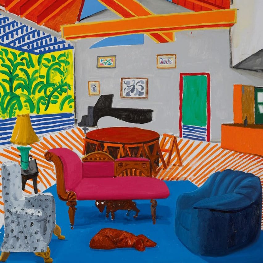 David Hockney, Montcalm Interior With 2 Dogs, 1988