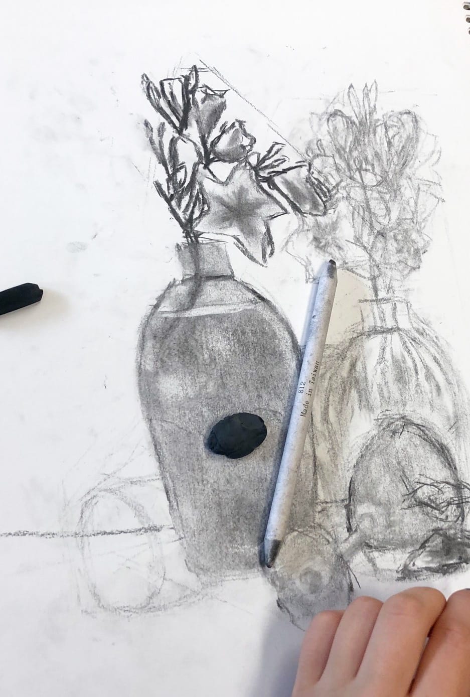 Student work, still life drawing using charcoal